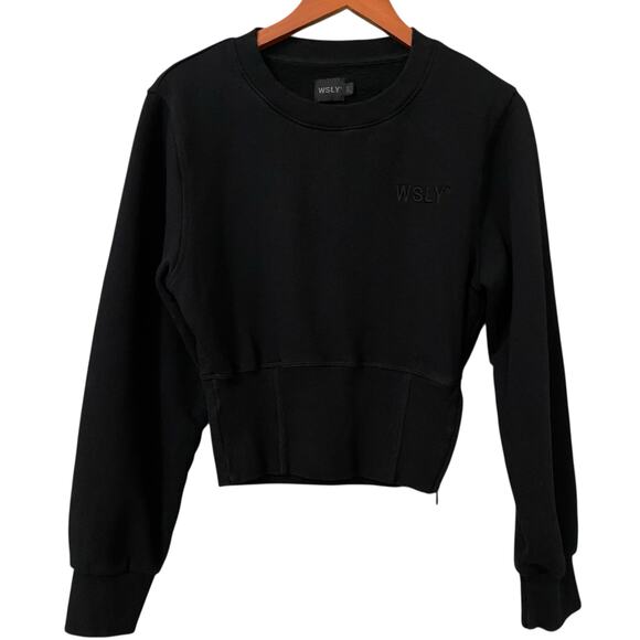 WSLY Eco Fleece Ribbed Bodice Crew Neck Sweatshirt Medium Black Crop Athleisure - Picture 13 of 13